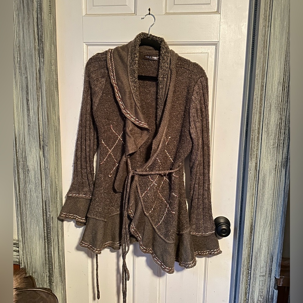 Forla Paris, Women’s size M, Y2K Brown Wool Blend Tie Cardigan Sweater